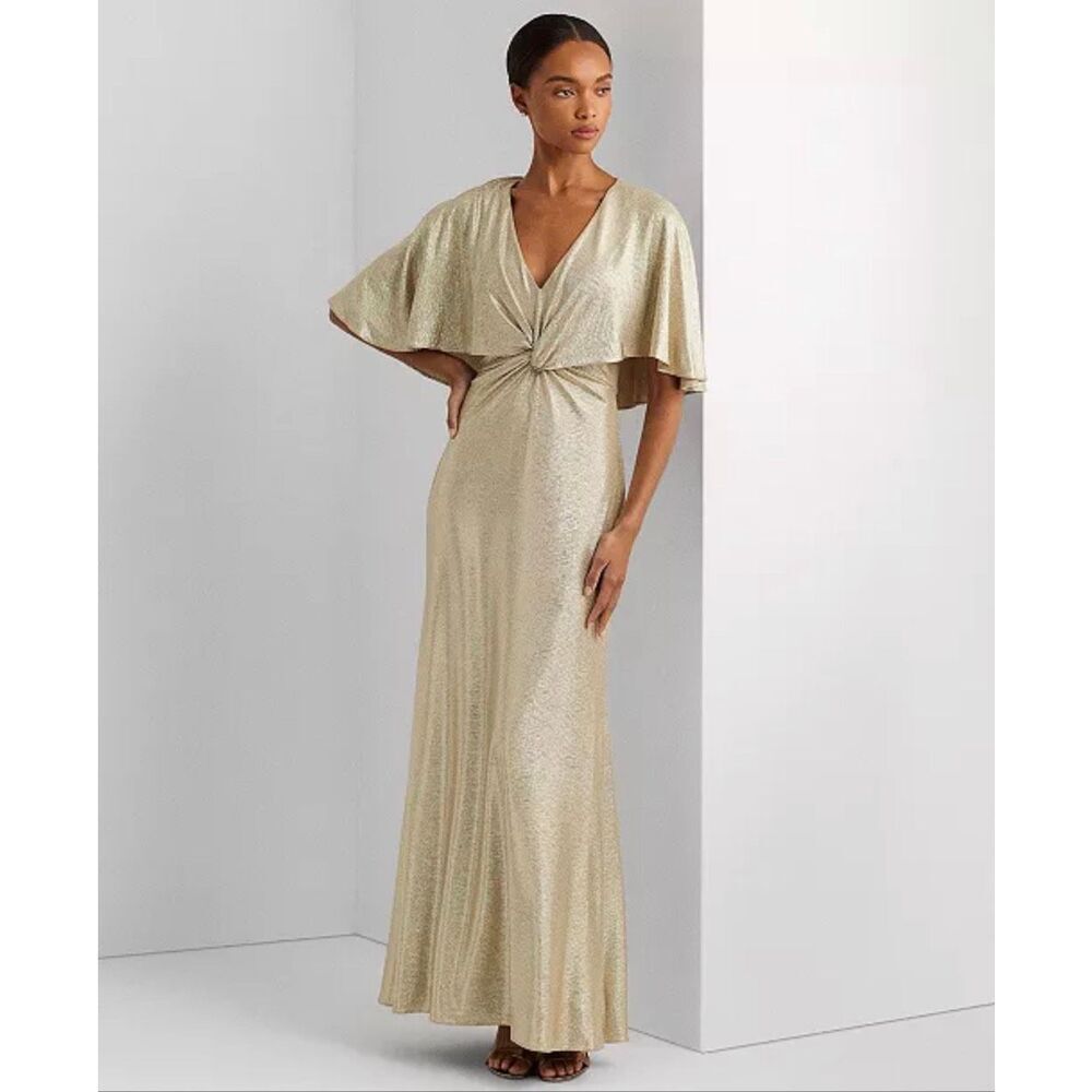Lauren Ralph Lauren Twist-Front Foil Print Cape-Overlay Gown Gold/Tan 18 - Picture 2 of 7